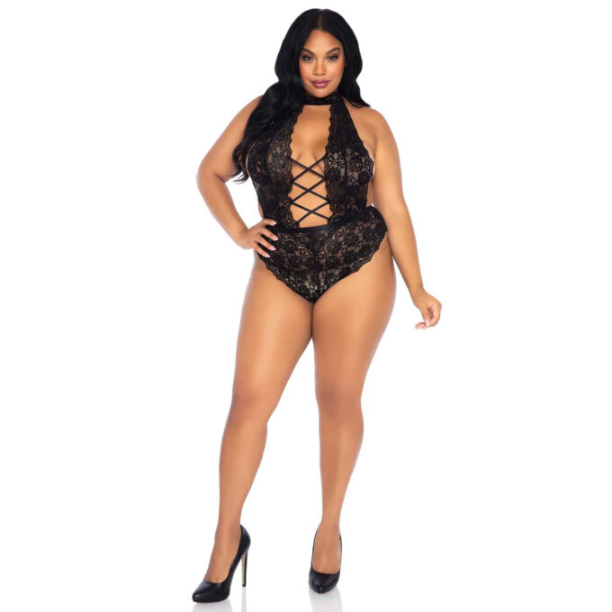 Leg Avenue Floral Lace Crotchless Teddy Black