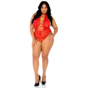 Leg Avenue Floral Lace Crotchless Teddy Red