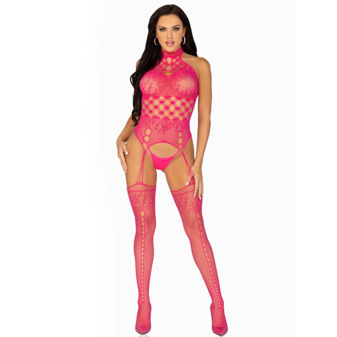 Leg Avenue High Neck Halter Net And Lace Suspender